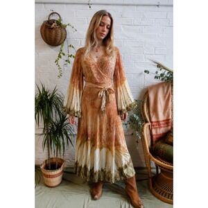 Island Tribe Wrap Maxi Dress Boho Tie Dye Bell Sleeve M Boho Earth Mama Resort